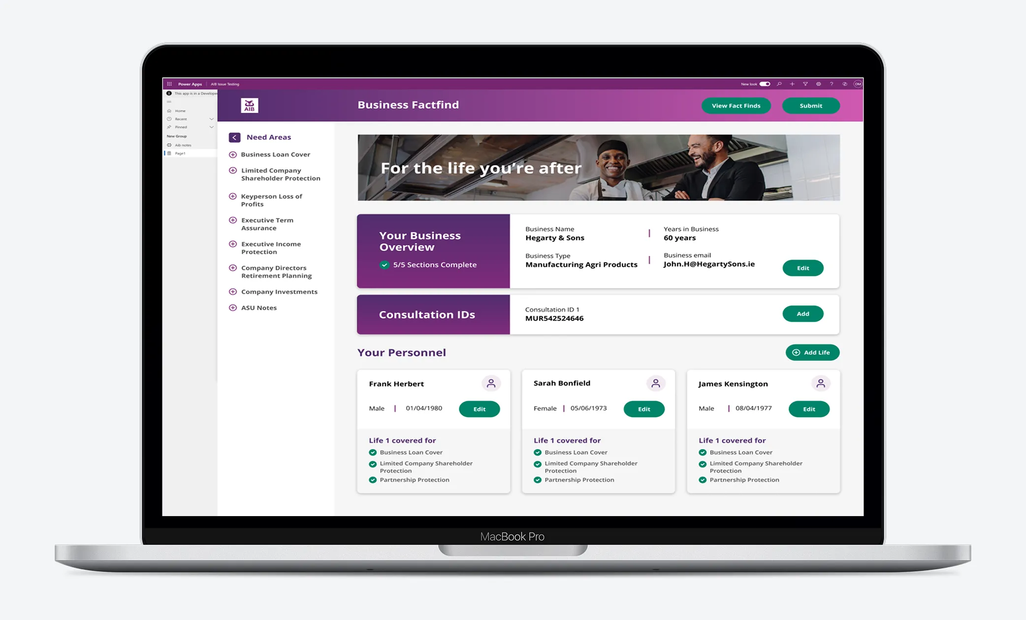 The AIB Life Business Fact Find Power App with sample data. A Need Areas list sits on the left, and the main hub shows a business overview marked 5 of 5 sections complete, consultation IDs, and personnel cards listing each person's cover.