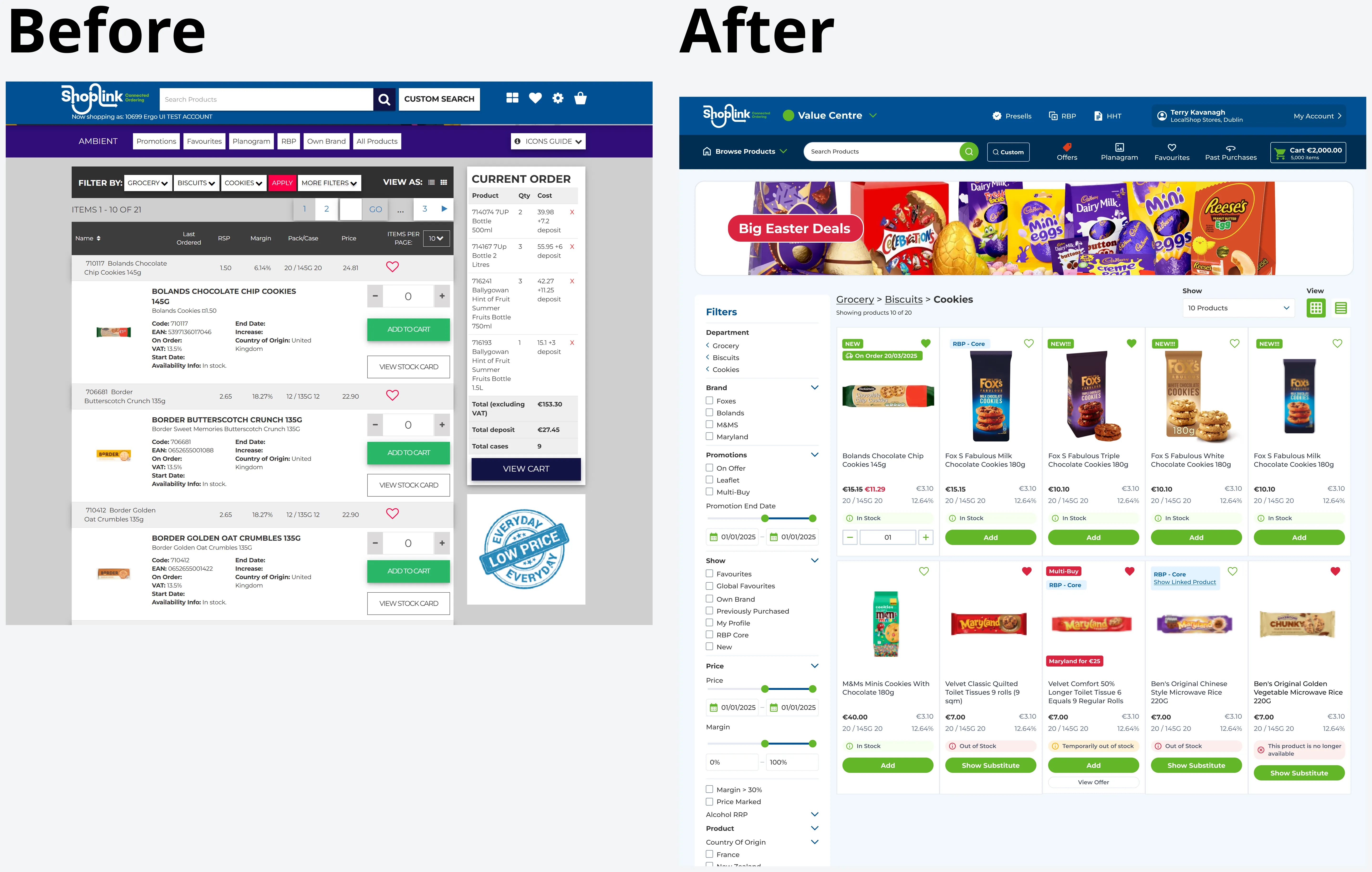 Before and after of the ShopLink catalogue. Before: a dense purple and grey layout with long text rows, small product images and a separate current order panel. After: a clean blue header with clear navigation, a filter sidebar and a grid of product cards showing price, margin, promotion tags and stock status.
