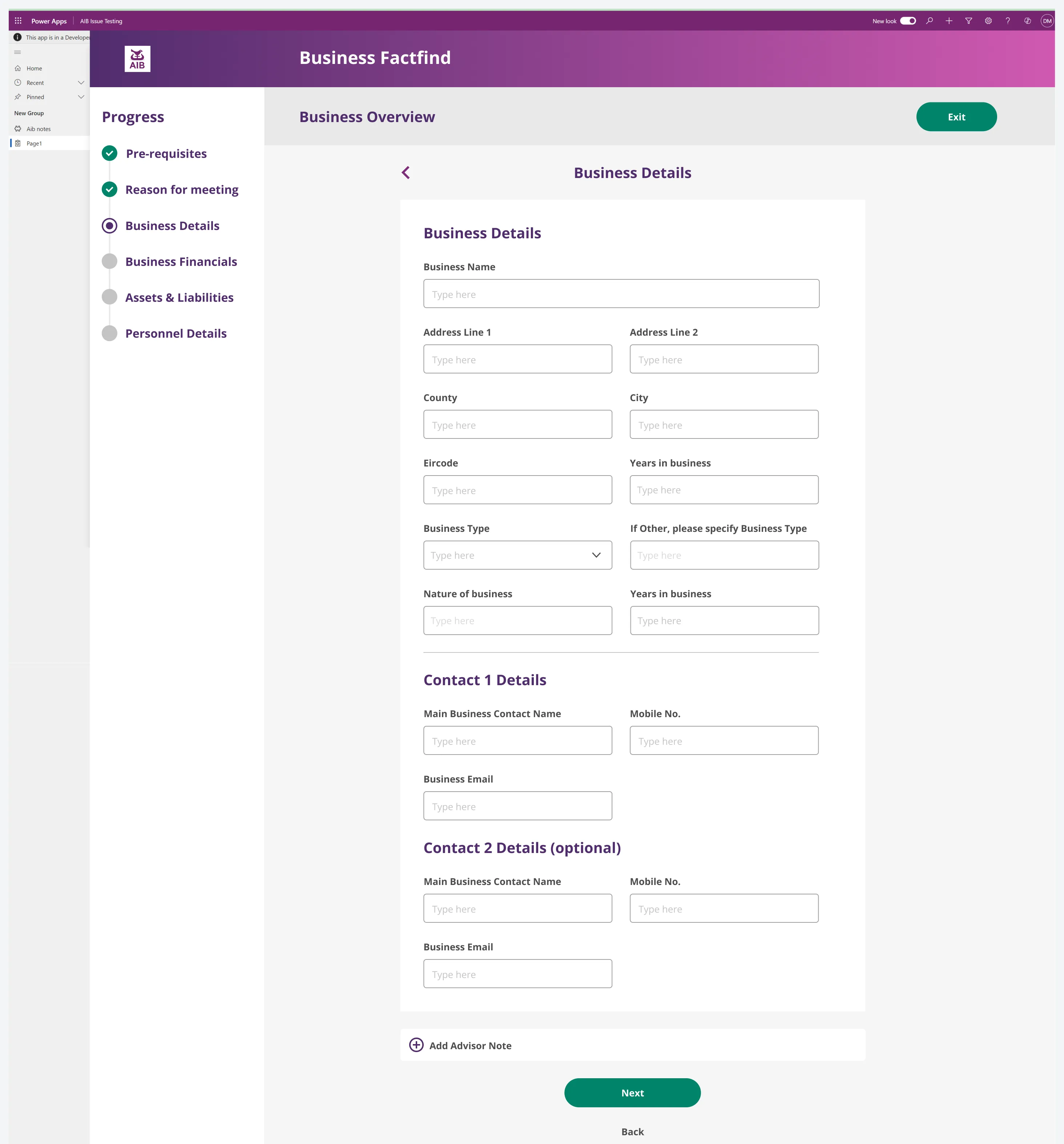 The Business Details step. A progress tracker on the left shows Pre-requisites and Reason for meeting complete and Business Details in progress. The form asks for business name, address, Eircode, business type and up to two contacts, with Next and Back buttons.