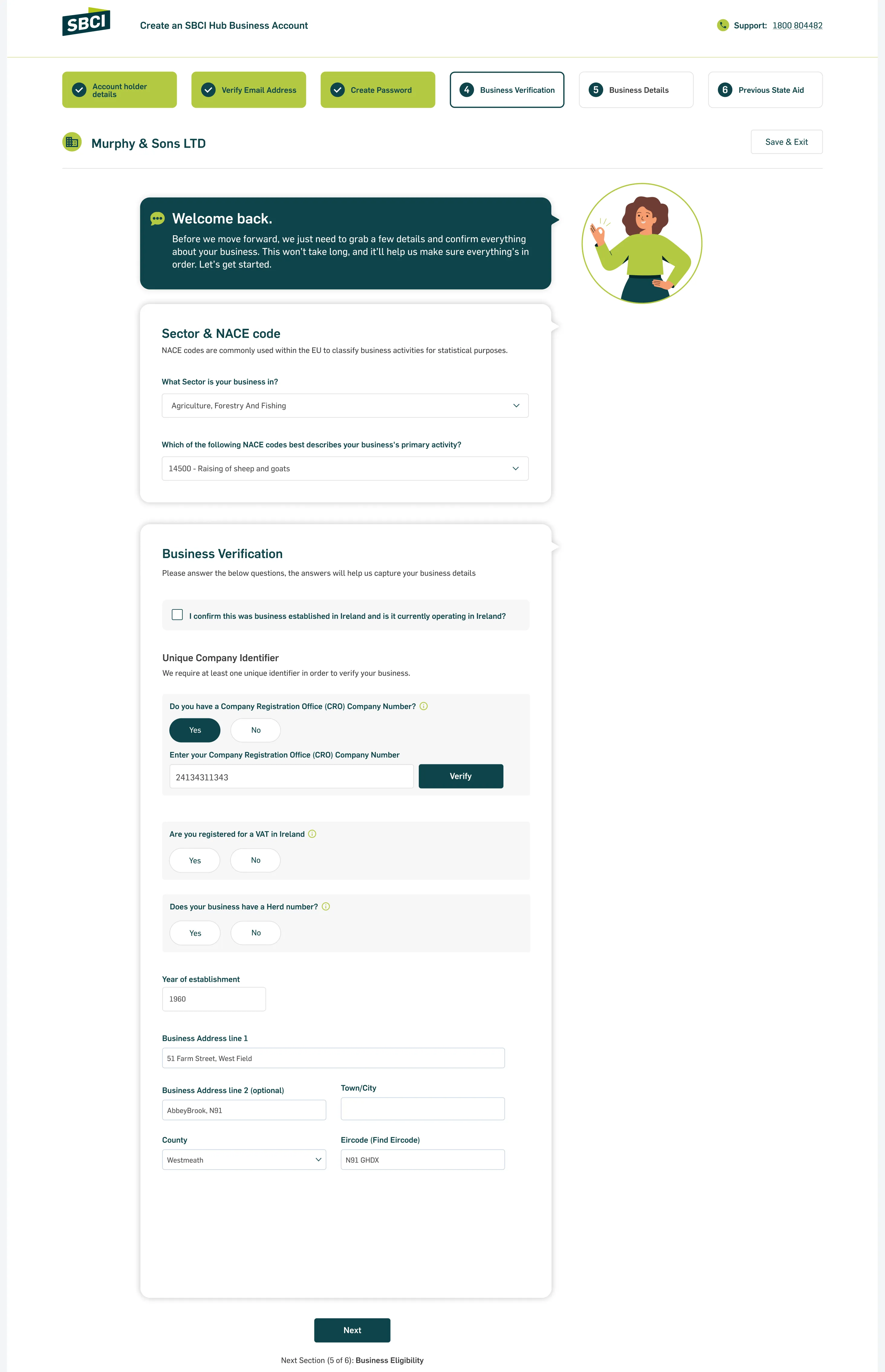 The Business Verification step of creating an SBCI Hub account. A six step tracker across the top shows the first three steps complete. A guide character welcomes the applicant back, followed by sections for sector and NACE code, and business verification with Yes or No questions, a CRO number field with a Verify button, and the business address. Save and Exit sits top right and the next section is named under the Next button.