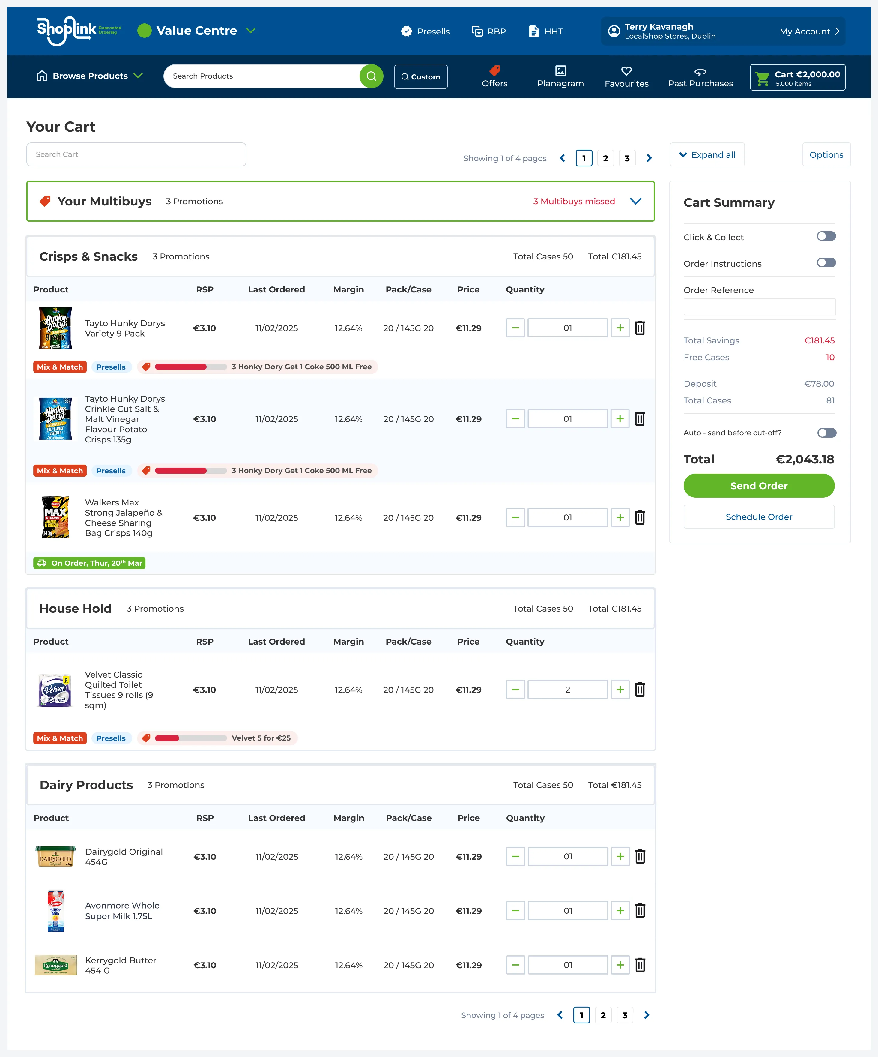 The ShopLink cart. Order lines are grouped into Crisps and Snacks, Household and Dairy, each with case and price totals. Every line shows RSP, last ordered date, margin, pack size, price and a quantity stepper, with multibuy progress bars underneath. A summary panel on the right shows savings, free cases, deposit, total and Send Order.