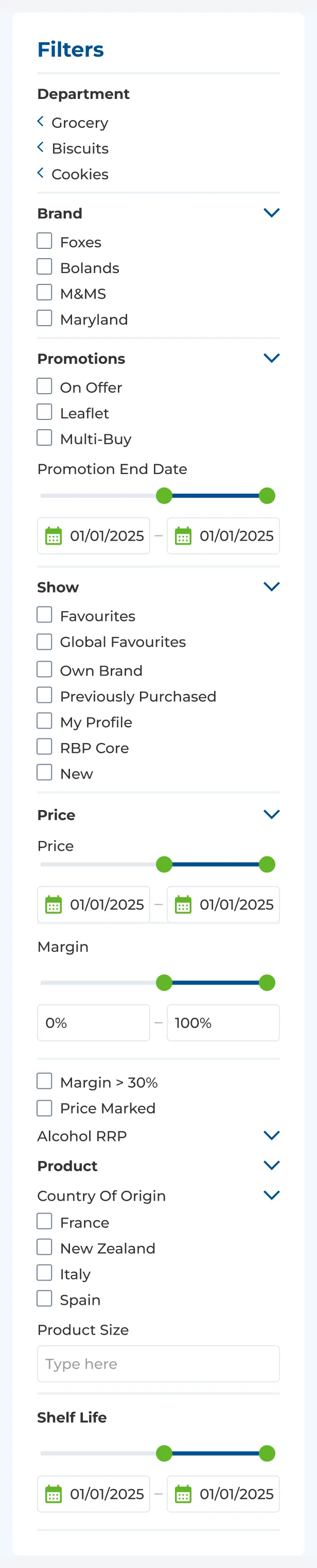 The ShopLink filter sidebar with collapsible groups for department, brand, promotions with an end date range, show options like favourites and previously purchased, price and margin sliders, country of origin, product size and shelf life.