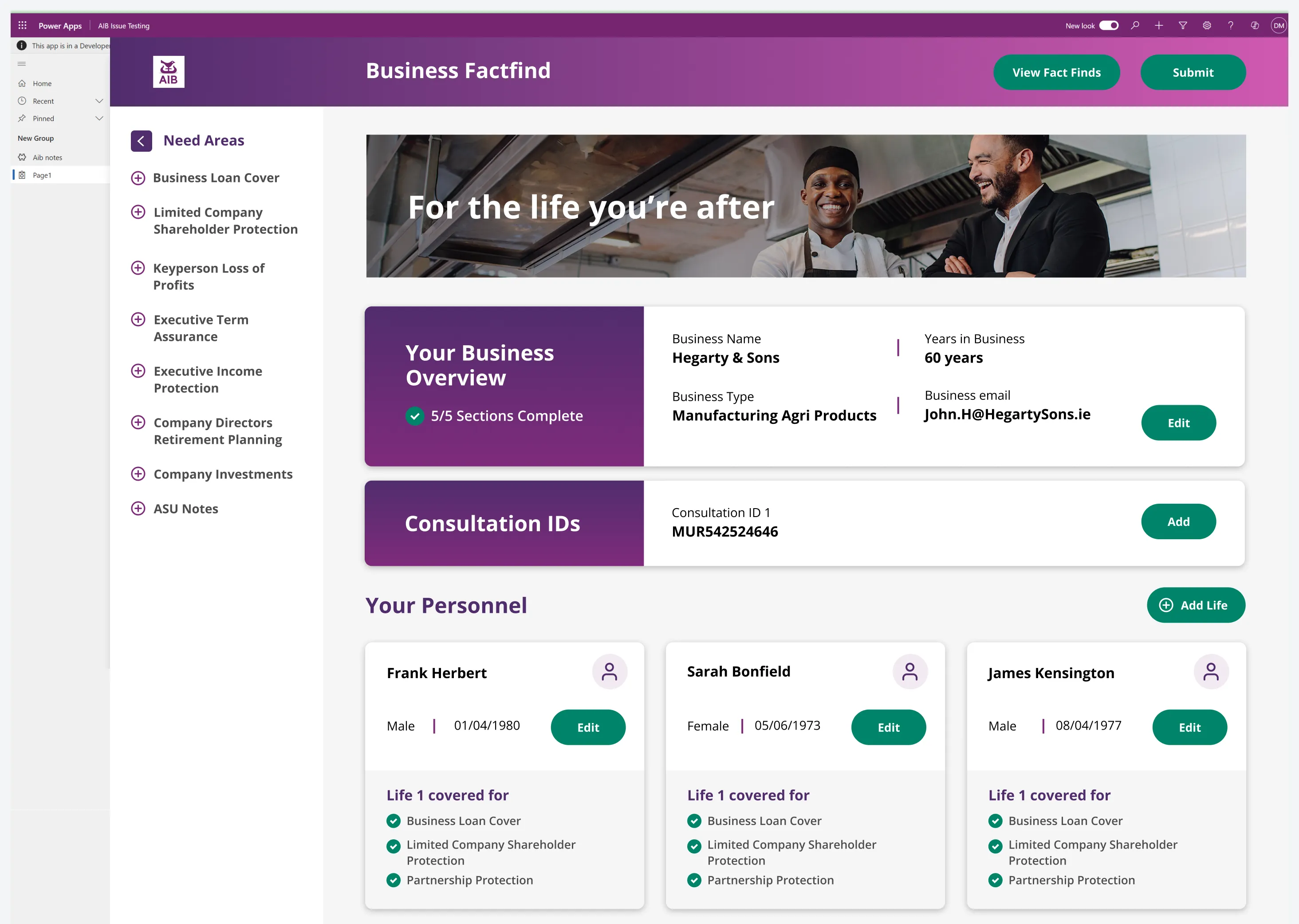 The Fact Find hub. Need areas are listed down the left, such as Business Loan Cover and Executive Income Protection. The main area shows the business overview with 5 of 5 sections complete, consultation IDs, and a card for each person showing what they're covered for.