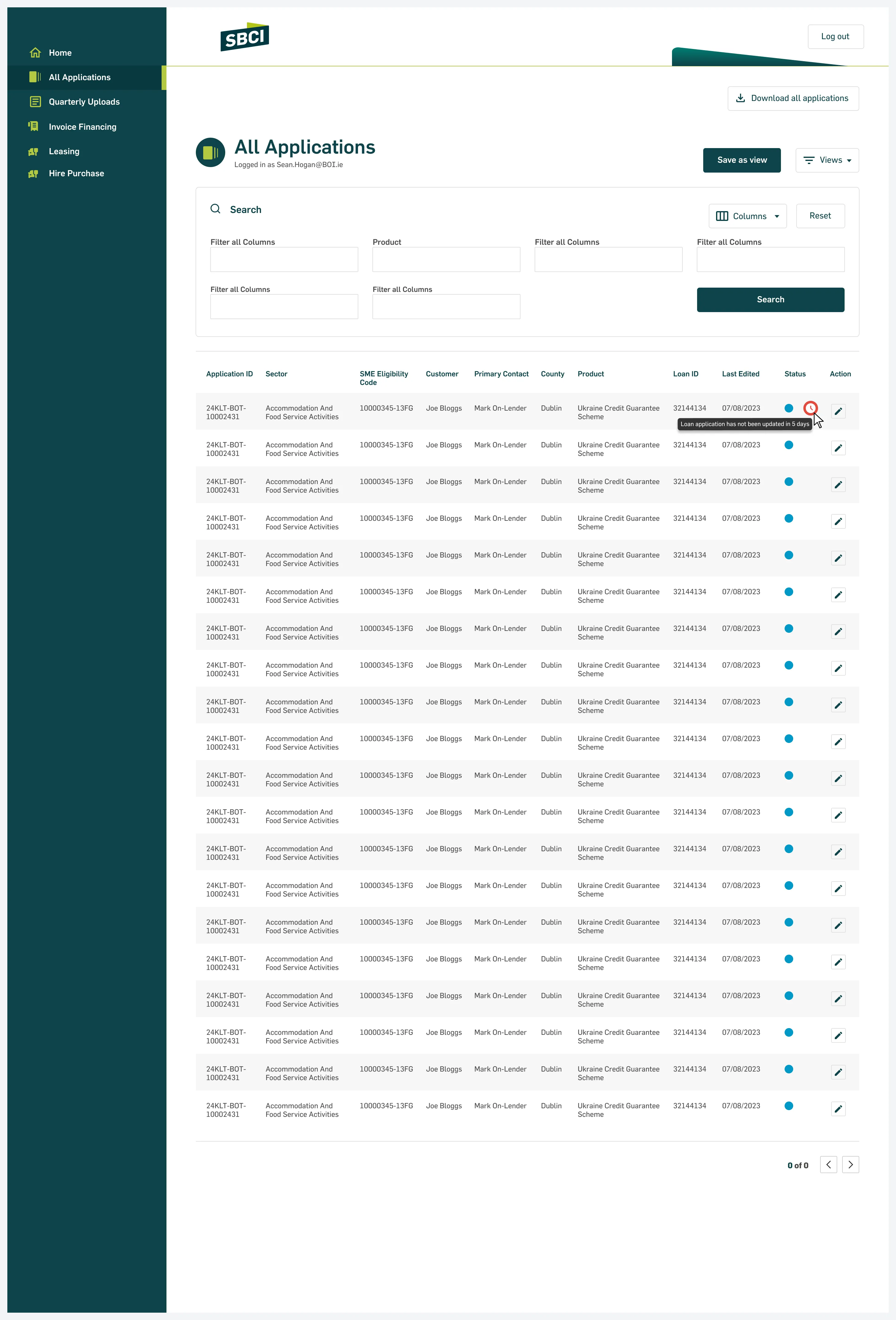 The lender All Applications view. A sidebar links to applications, quarterly uploads, invoice financing, leasing and hire purchase. The main area has search filters, Save as view and Views buttons, Download all applications, and a table of applications with sector, eligibility code, customer, county, product, loan ID, last edited, status and an edit action. A tooltip on one row reads Loan application has not been updated in 5 days.