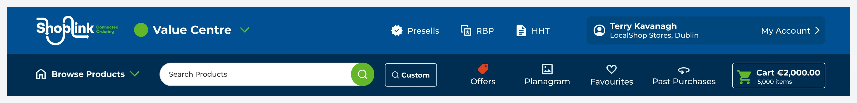 The new ShopLink header: store switcher, Presells, RBP and HHT links and the account in the top bar, then Browse Products, search, Offers, Planogram, Favourites, Past Purchases and a cart showing its running total.
