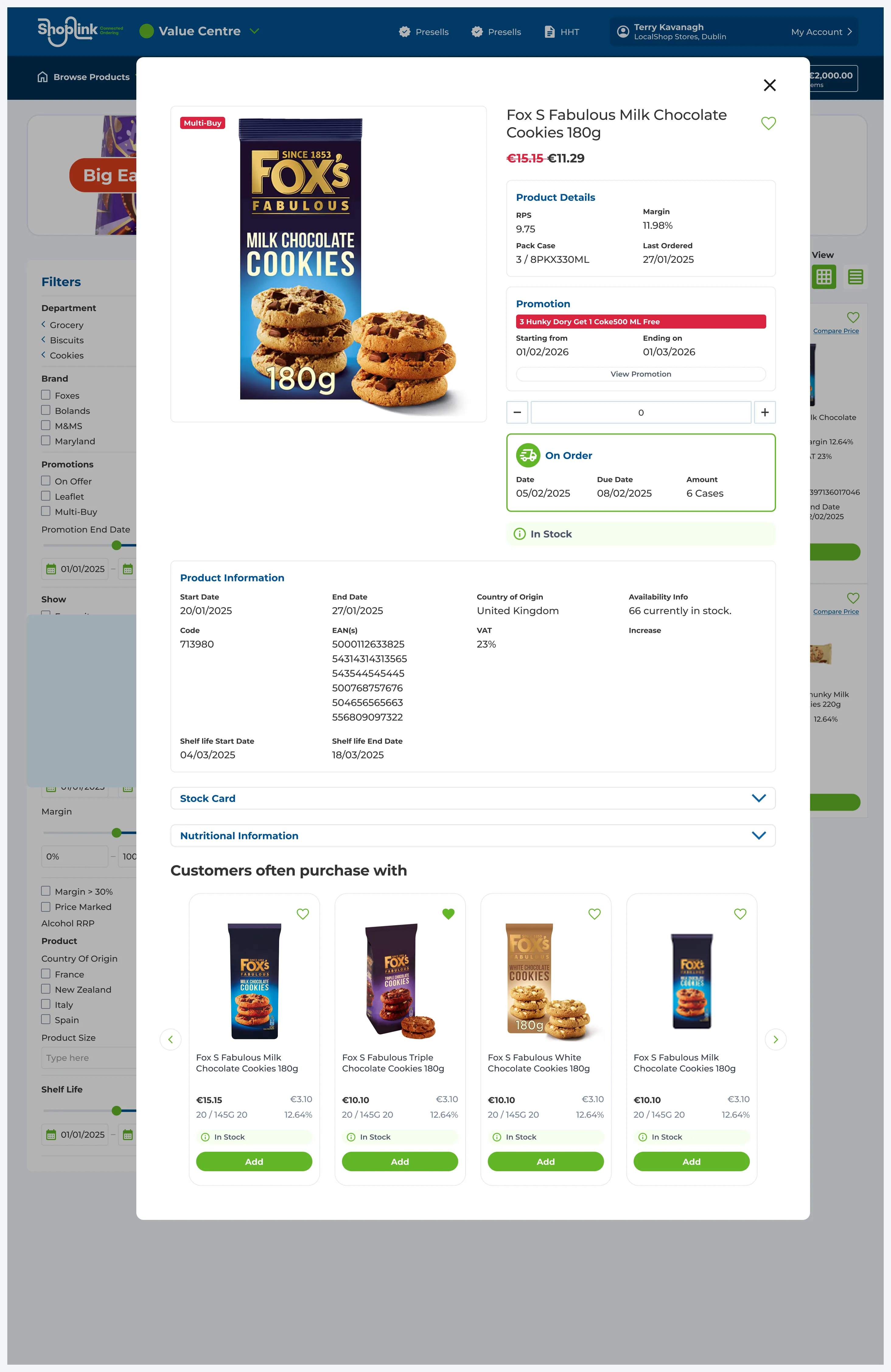 The ShopLink product quick view for Fox's Fabulous Milk Chocolate Cookies: a multibuy tag, was and now price, product details with margin and last ordered date, the active promotion with dates, a quantity stepper, an On Order panel with due date and amount, stock status, and suggested products underneath.