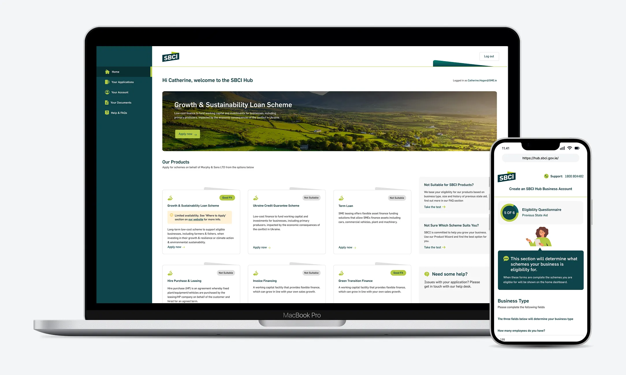 The SBCI Hub on desktop and mobile. Desktop shows the applicant home with the Growth and Sustainability Loan Scheme and scheme cards tagged Good fit or Not suitable. Mobile shows the eligibility questionnaire at step 5 of 6 with a guide character explaining the section.