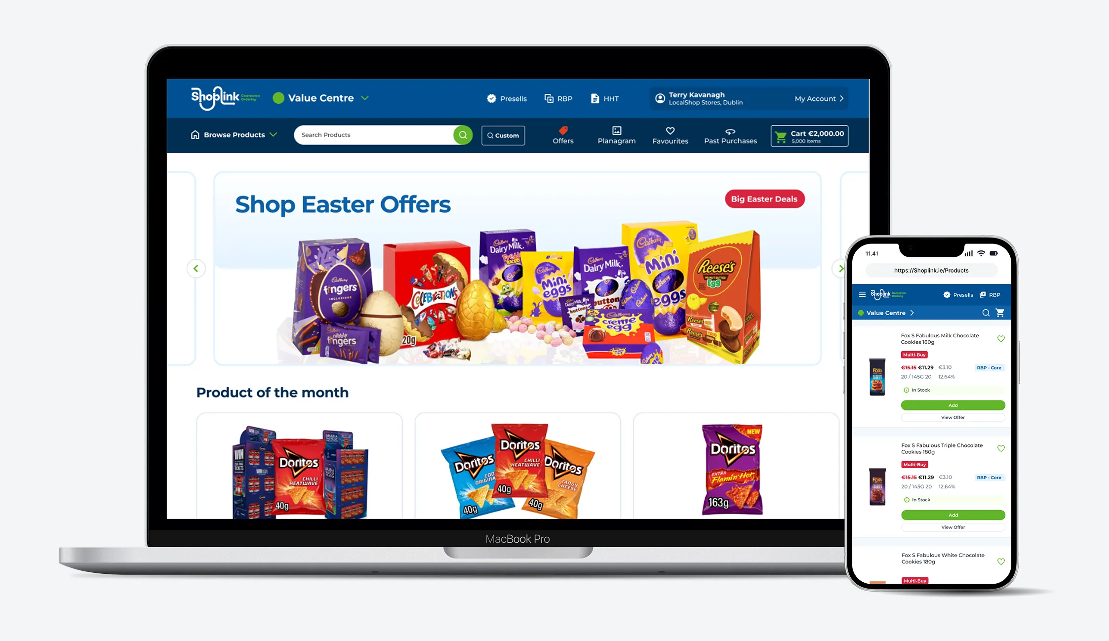 The redesigned ShopLink on desktop and mobile. Desktop shows the homepage with the new navigation (Browse Products, Offers, Planogram, Favourites, Past Purchases), a running cart total and an Easter offers banner. Mobile shows product cards with multibuy tags, pricing, stock status and Add buttons.